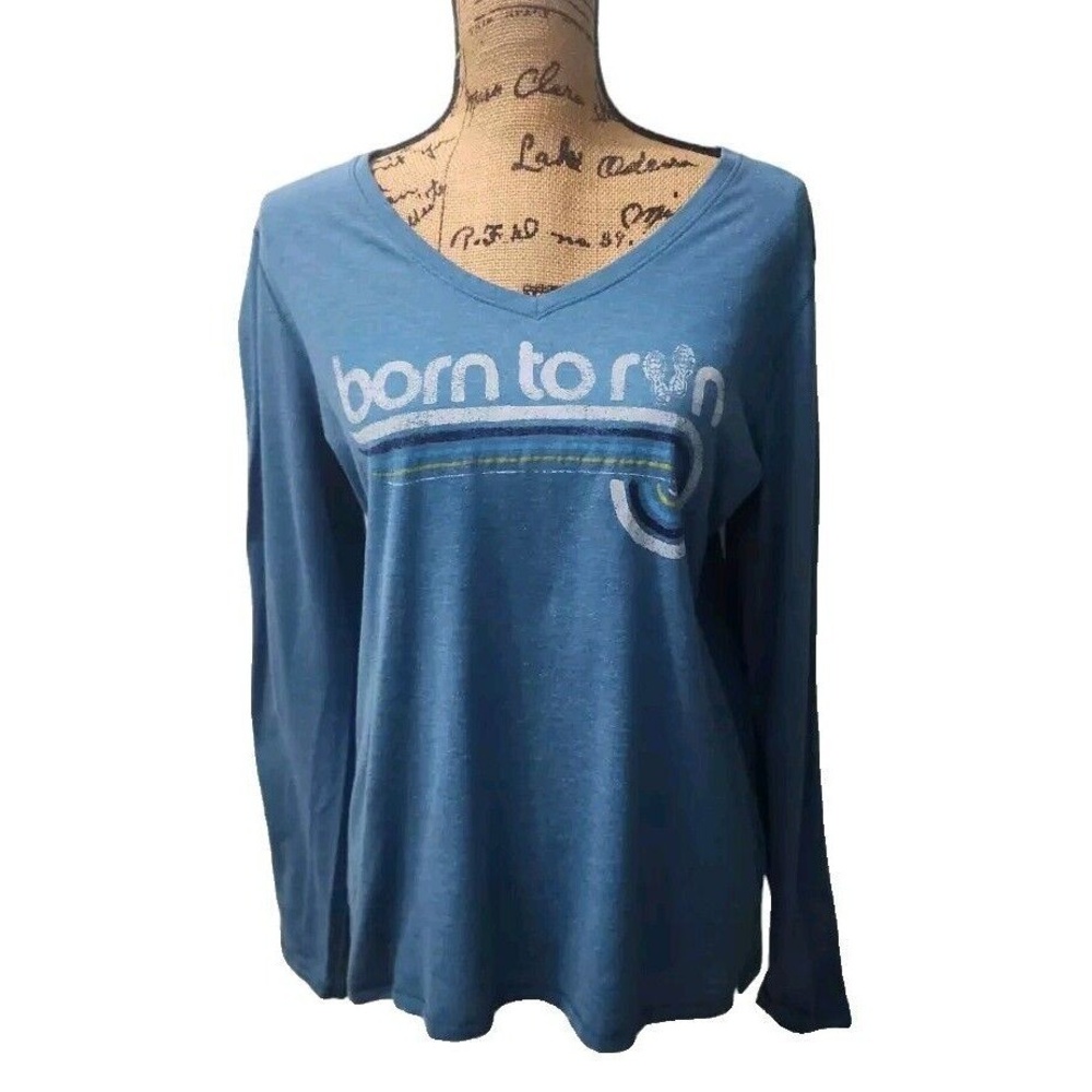 Life Is Good Women's L Classic Fit Long Sleeve "Born to Run" Top Blue V-Neck